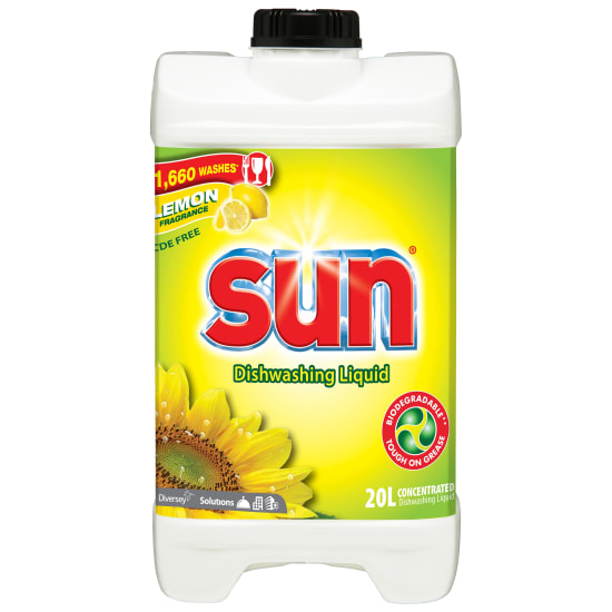 Sun Dishwashing Liquid in a 20L container, featuring a powerful 4-way cleaning formula for spotless, streak-free dishes.
