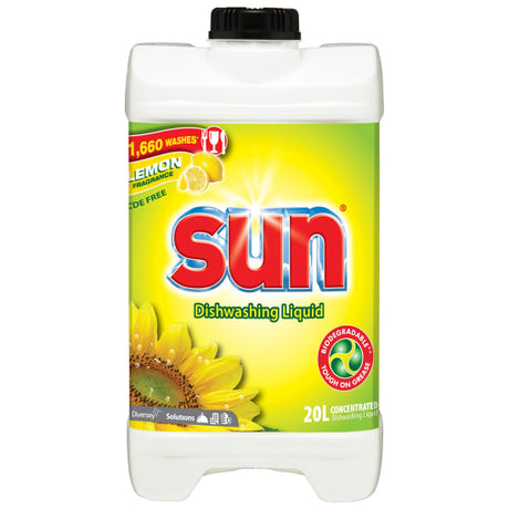 Sun Dishwashing Liquid in a 20L container, featuring a powerful 4-way cleaning formula for spotless, streak-free dishes.
