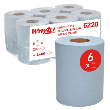 Wypall L10 6220 blue centrefeed wipers in a case of 6 rolls, ideal for light-duty hygiene and quick clean-ups.