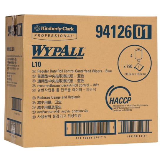 Wypall L10 94126 blue centrefeed roll wipers, 4 rolls, HACCP compliant for hygiene in food prep and industrial use.