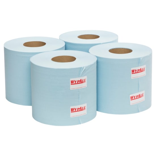 Wypall L10 blue centrefeed roll wipers in a pack of 4, designed for hygiene and efficiency in food prep and industrial use.