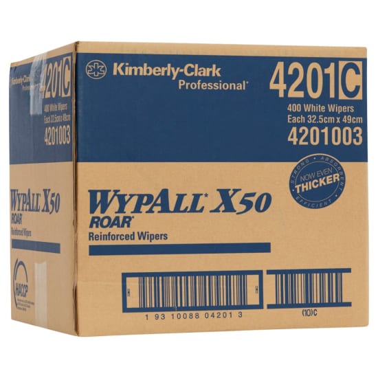 Wypall X50 4201 white wipers, 32cm x 49cm, 400 sheets, 4-ply with superior wet strength for versatile cleaning tasks.