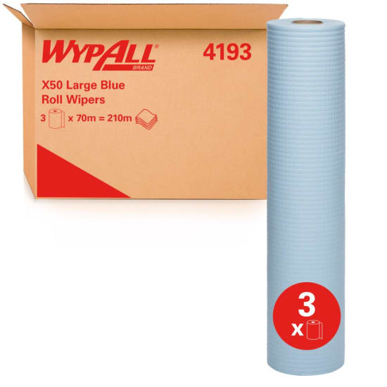 Wypall X50 blue roll wipers in a carton of 3, 49cm x 70m, featuring strong 4-ply tissue for effective spill absorption.