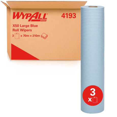 Wypall X50 blue roll wipers in a carton of 3, 49cm x 70m, featuring strong 4-ply tissue for effective spill absorption.