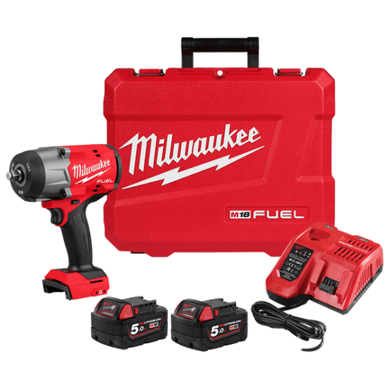 M18 High Torque Impact Wrench with Friction Ring Kit, featuring robust 1/2" mechanism, 2 REDLITHIUM batteries, and durable case.