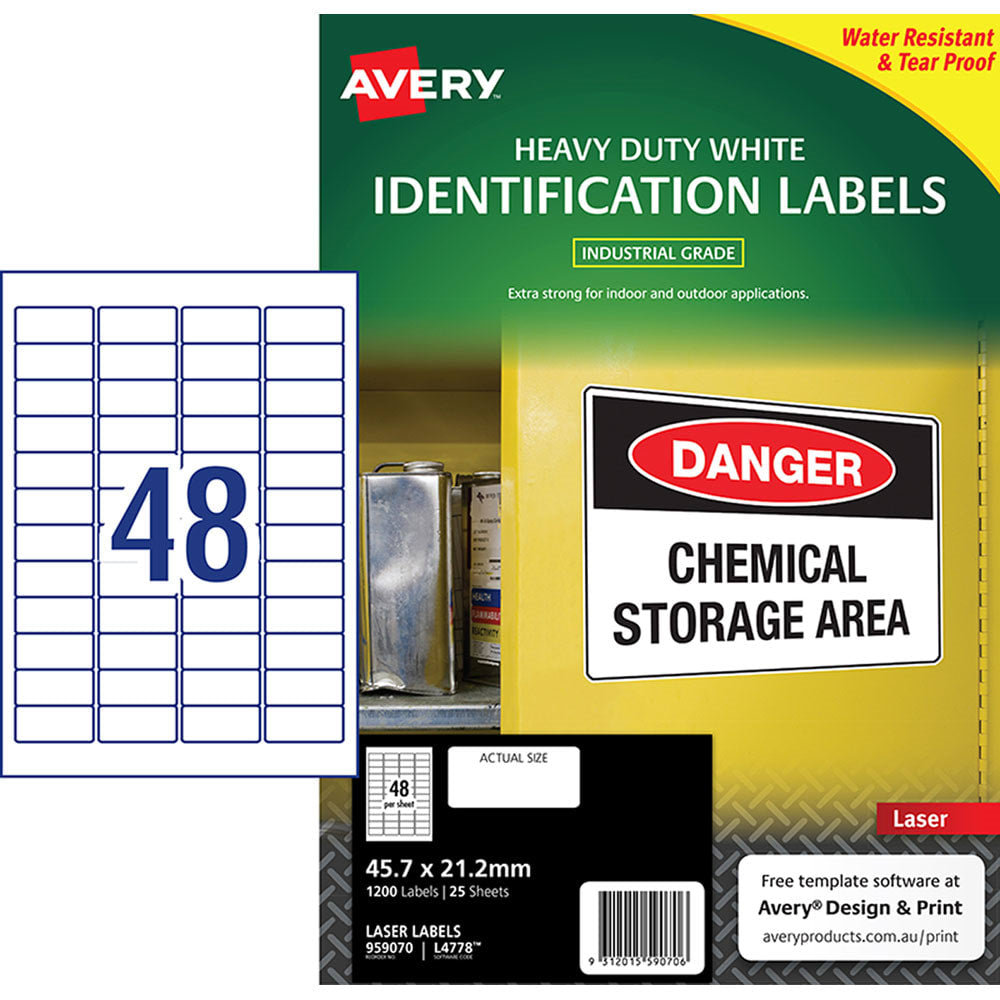 Avery Heavy Duty ID Label L4778 White Laser 45.7x21.2mm 48up 25 (Sheets)