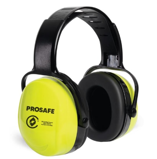 High visibility green and black Prosafe Nero Class 5 earmuffs providing hearing protection up to 110dB(A) with adjustable headband.