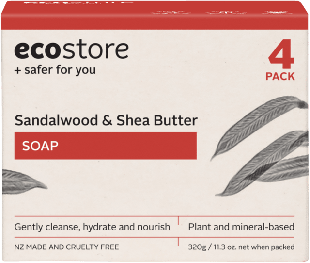 Ecostore Soap Pack of 4 with sandalwood scent, enriched with shea butter for soft, nourished skin, eco-friendly and vegan.