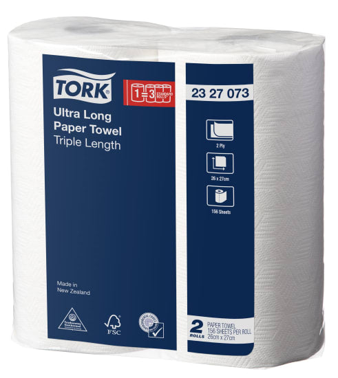 Tork Ultra Long Paper Towels in a Twin Pack, featuring 156 sheets per roll, ideal for efficient cleaning and absorption.