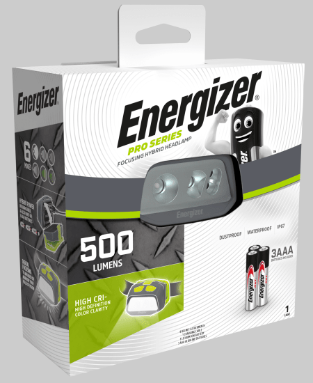 Compact Energizer Pro Series headlamp with 500 lumens, hybrid power, 6 modes, and durable IP67 protection for outdoor use.