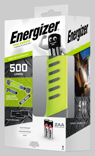 Energizer Pro Series Hybrid Flashlight with 500 lumens, rechargeable, four modes, magnets, and durable, non-slip grip.