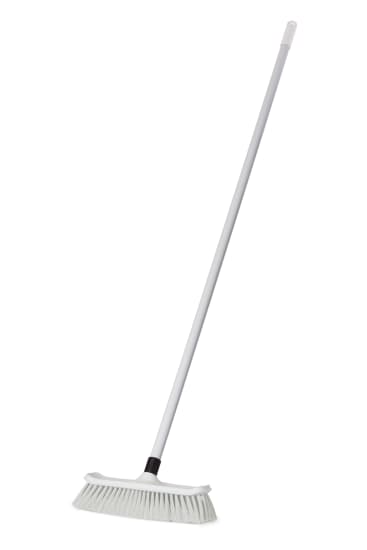 Browns Hygiene House Broom in white, 300mm soft fill, with durable fiberglass handle and bright yellow cap for easy storage.