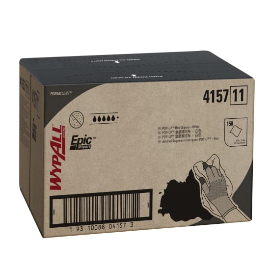 Wypall Epic Box Wipers 4157: 150 durable, absorbent white cleaning cloths, sized 42x34.5 cm, with hygienic single wiper dispensing.