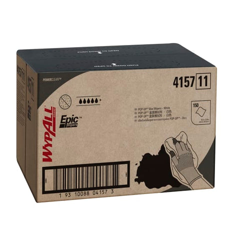 Wypall Epic Box Wipers 4157: 150 durable, absorbent white cleaning cloths, sized 42x34.5 cm, with hygienic single wiper dispensing.