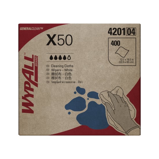 Wypall X50 4201 wipers, 32x49cm, strong 4-ply sheets for versatile wet/dry cleaning and hygienic food prep, 400 sheets per carton.