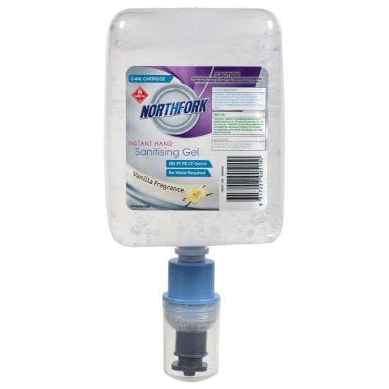 Northfork Instant Hand Sanitising Gel 1L cartridge, quick-drying, kills 99.9% of germs, with a soothing vanilla scent.