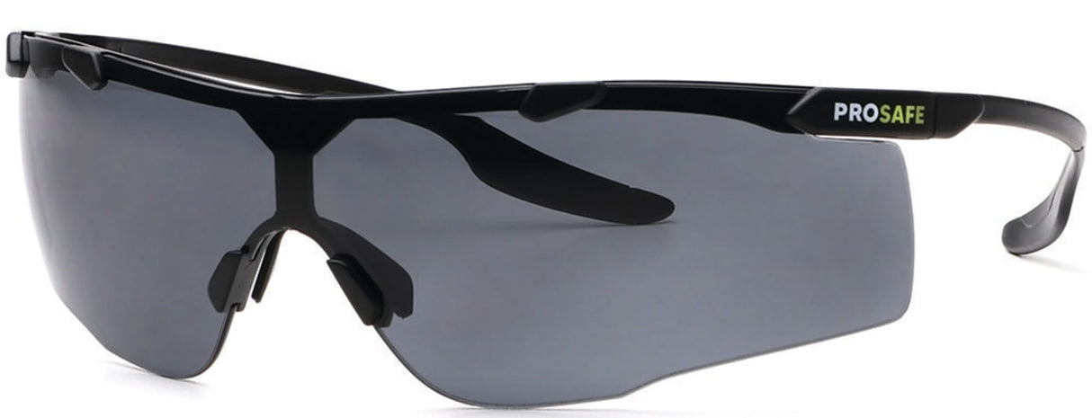 Lightweight Prosafe Koorbat Safety Glasses with smoke-tinted lenses, offering medium impact protection and a wrap-around frame.