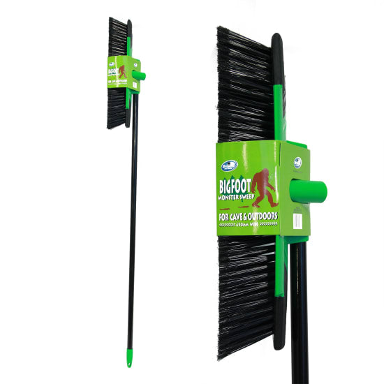 Browns Bigfoot Yard Broom features a 1.3M handle, blended filament head, rubber wings, and inline hanger for outdoor cleaning.