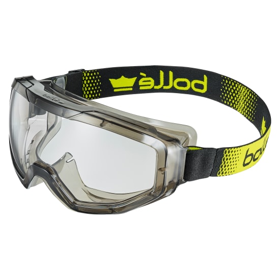 Bolle Safety Globe goggles with vented design, clear polycarbonate lens, and lightweight frame for optimal eye protection.