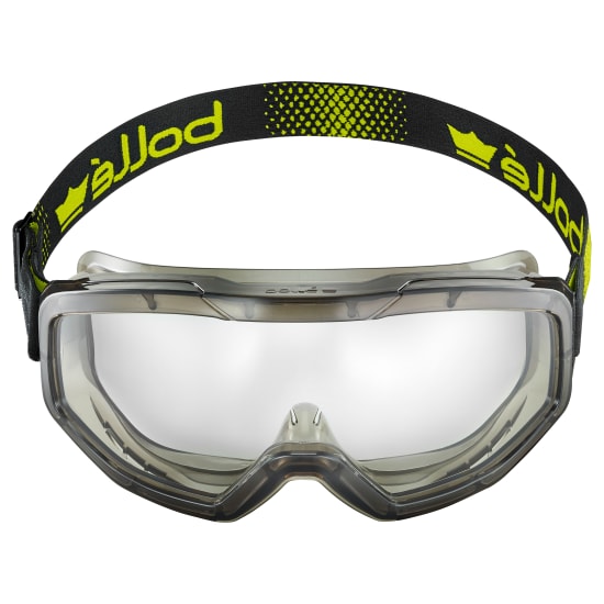 Bolle Safety Globe goggles with vented design, clear polycarbonate lens, and translucent frame for optimal visibility and comfort.