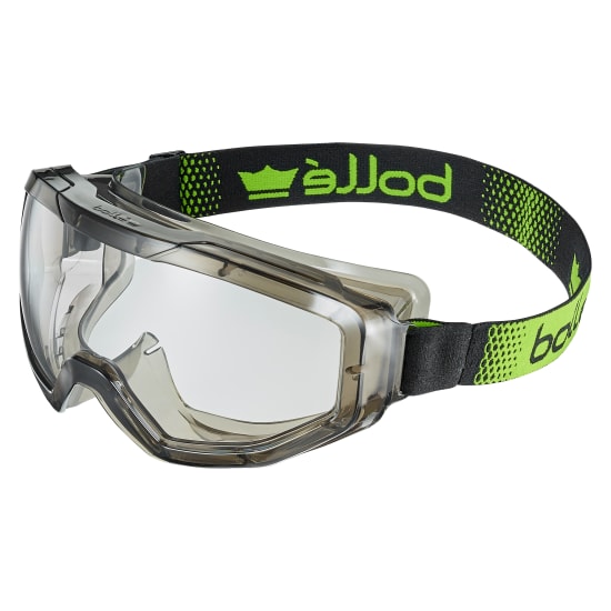 Bolle Globe Sealed Safety Goggle with panoramic vision, lightweight design, and color-coded adjustable strap for optimal eye protection.