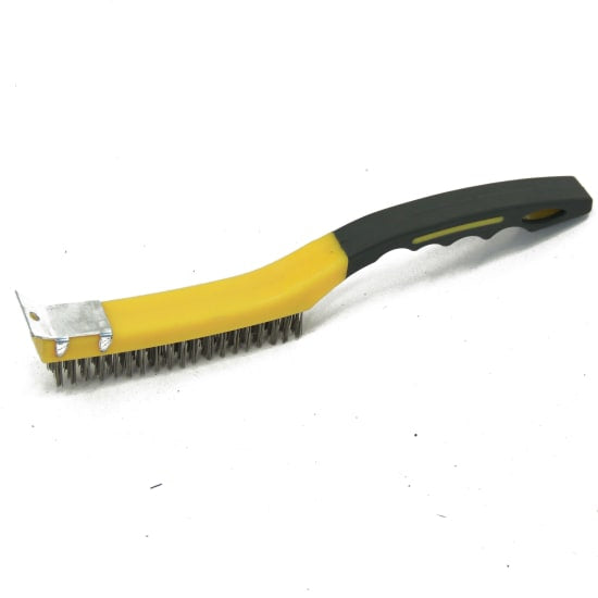 Stainless steel wire brush with ergonomic grip and metal scraper for effective rust and grime removal.