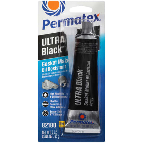 Permatex Ultra Black RTV Silicone Gasket Maker in a 85g tube, ideal for high-performance sealing and oil resistance.