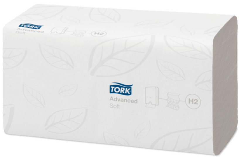 Eco-friendly Tork H2 Xpress 2-ply multifold hand towels in natural color, 180 sheets per pack, 21 packs per case.