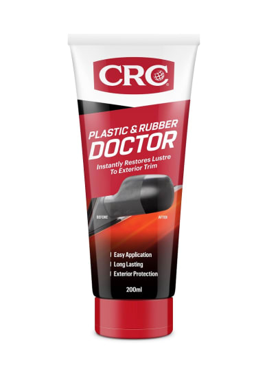 A 200ml bottle of CRC Plastic And Rubber Doctor for restoring faded plastic and rubber surfaces with UV protection.