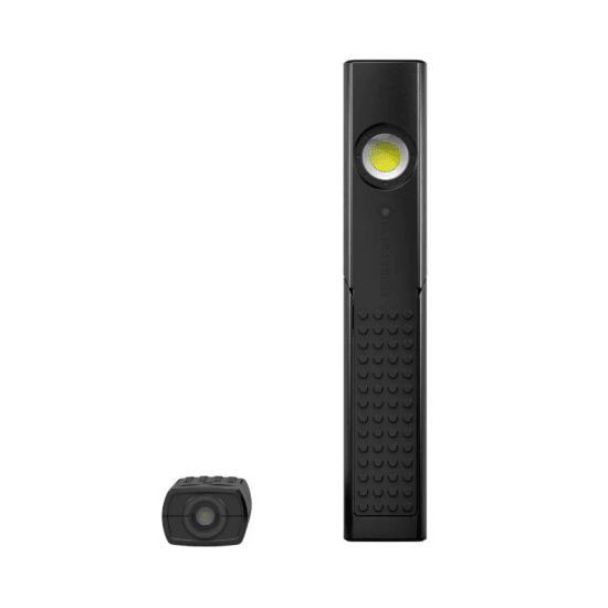 Compact Ledlenser W4R rechargeable work light with 220 lumens, dual light sources, magnet base, and USB-C charging.