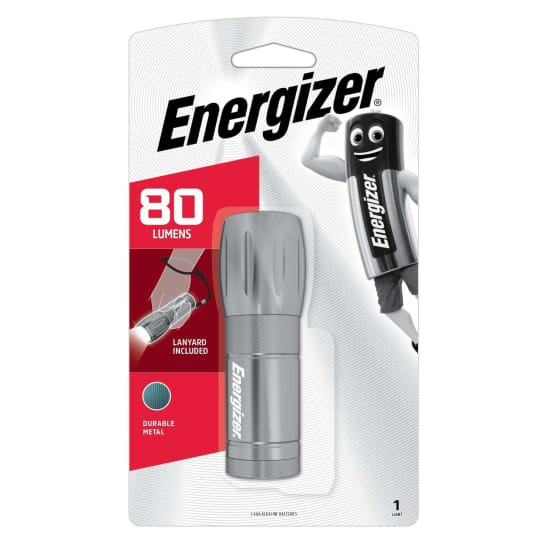 Energizer compact LED flashlight with durable metal casing, 80 lumens, 10-hour run time, and 80-metre beam distance.