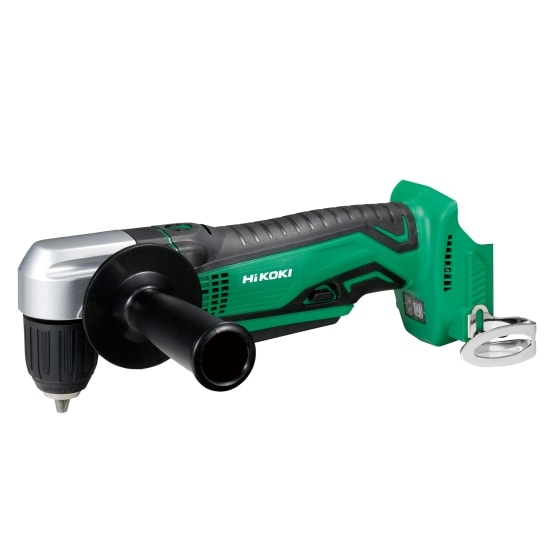 HiKOKI 18V 10mm Angle Drill with keyless chuck, low-profile head, LED light, and battery indicator for versatile drilling tasks.