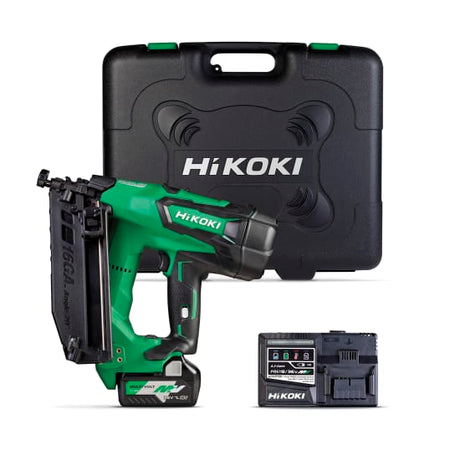 HIKOKI 18V gasless brad nailer kit with brushless motor, battery, charger, and safety glasses for efficient nailing projects.