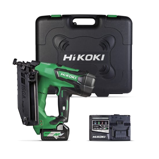 HIKOKI 18V gasless brad nailer kit with brushless motor, battery, charger, and safety glasses for efficient nailing projects.