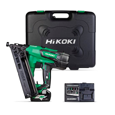 HiKOKI 18V Gasless Angle Brad Nailer-Kit with innovative air drive system, tool-less depth adjuster, and eco-friendly design.