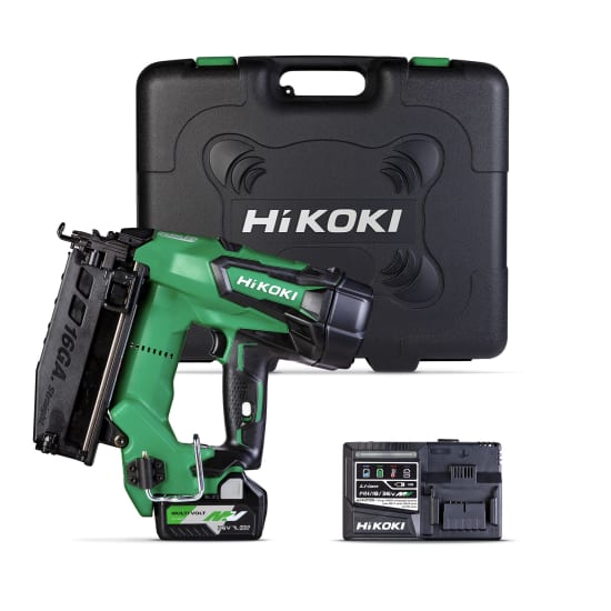 HiKOKI 18V Gasless Brad Nailer Kit with brushless motor, battery, rapid charger, and safety glasses for efficient woodworking.