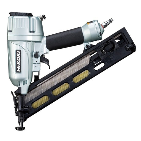 HiKOKI 65mm brad nailer skin with slim nose, tool-less depth adjustment, easy jam clearing, and a 100-nail magazine.