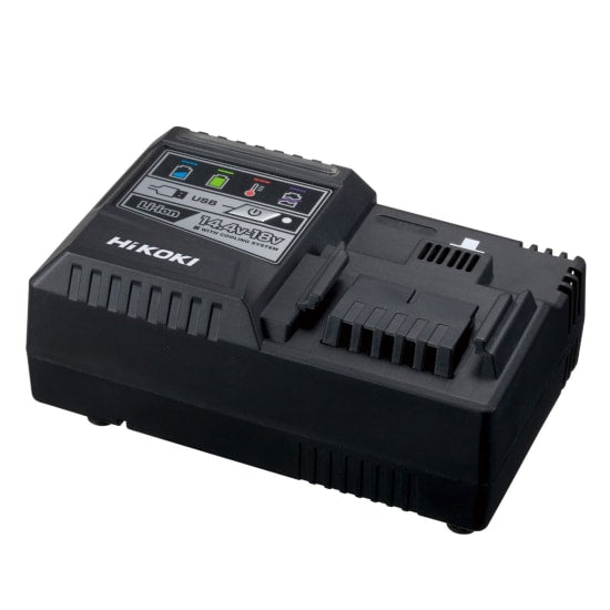 HiKOKI 18V & 36V Rapid Smart Charger with USB port and fast charging, featuring fan-cooling and LED status lights.