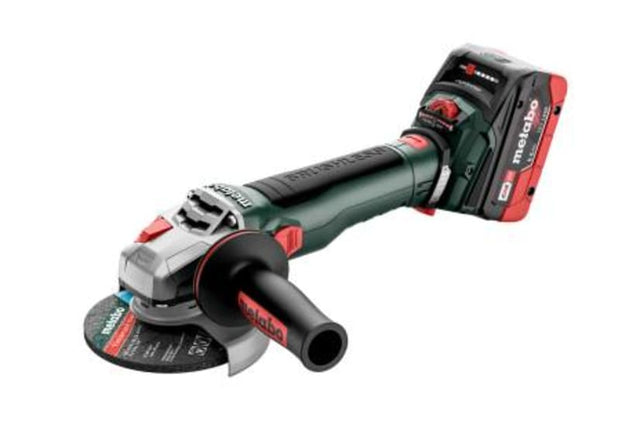 METABO 18V 125MM angle grinder featuring a brushless motor, variable speed control, and safety brake lock for versatile tasks.