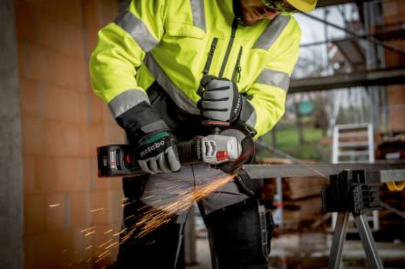 Metabo 18V angle grinder featuring a brushless motor, 125mm disc, variable speed, and safety lock for cutting and grinding tasks.