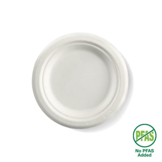 Eco-friendly 6" round white plate made from sugarcane pulp, perfect for serving meals and compostable for easy disposal.