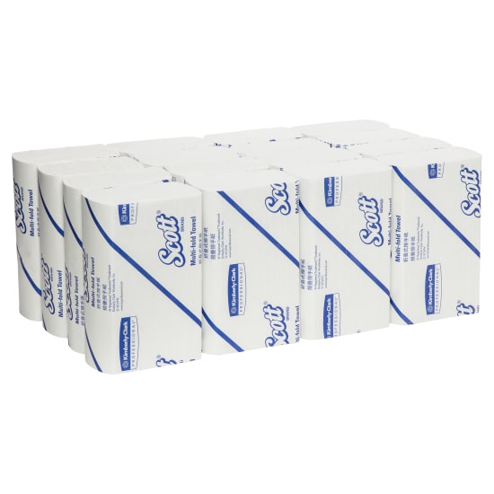 Scott 1-ply Multifold Paper Towels in a case of 16 packs, designed for hygiene and efficient hand drying in high-traffic areas.