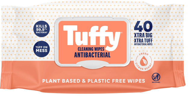 Tuffy XL Antibacterial Wipes pack with 40 large, eco-friendly sheets for effective cleaning and germ elimination.