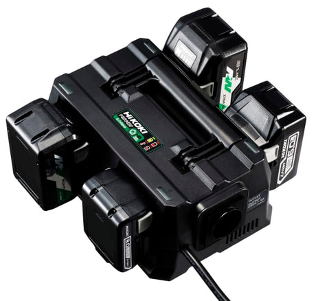 HiKOKI 18V & 36V 4-port rapid charger with compact design, fast charging, and USB ports for device charging.