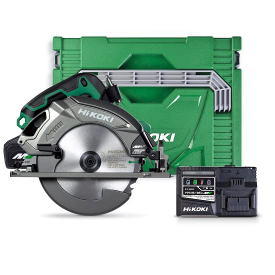 HiKOKI 36V 185mm Circular Saw-Kit with AUTO Switch, powerful brushless motor, 185mm blade, and quick blade change feature.