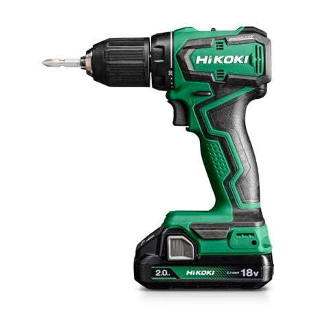 HIKOKI 18V compact drill kit with 55Nm torque, brushless motor, 20-stage clutch, and keyless chuck for DIY and professional use.