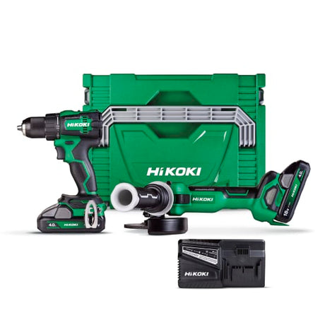 HiKOKI 18V Impact Drill & Angle Grinder Kit featuring a powerful drill, angle grinder, batteries, and a robust storage case.