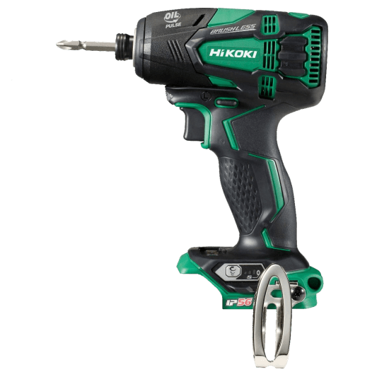 HiKOKI 18V Oil Pulse Impact Driver showcasing compact design, oil pulse technology for reduced kickback, and 4-mode power selection.