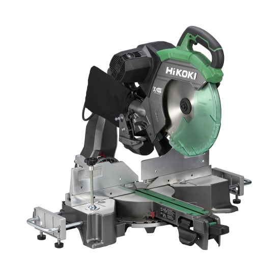 HiKOKI 1520W 305mm corded slide compound mitre saw showcasing a powerful motor, precise bevel adjustments, and integrated cut indicator.