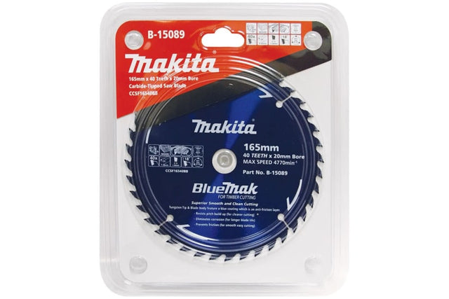 Makita BLUEMAK Saw Blade 24T-165mm with BlueMak coating, tungsten carbide teeth, and thin kerf for efficient woodworking cuts.